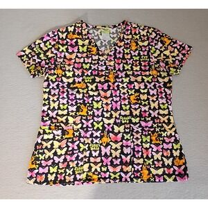 Scooby-Doo Cartoon Scrub Top Pediatric Nurse V-neck Colorful Butterflies Small
